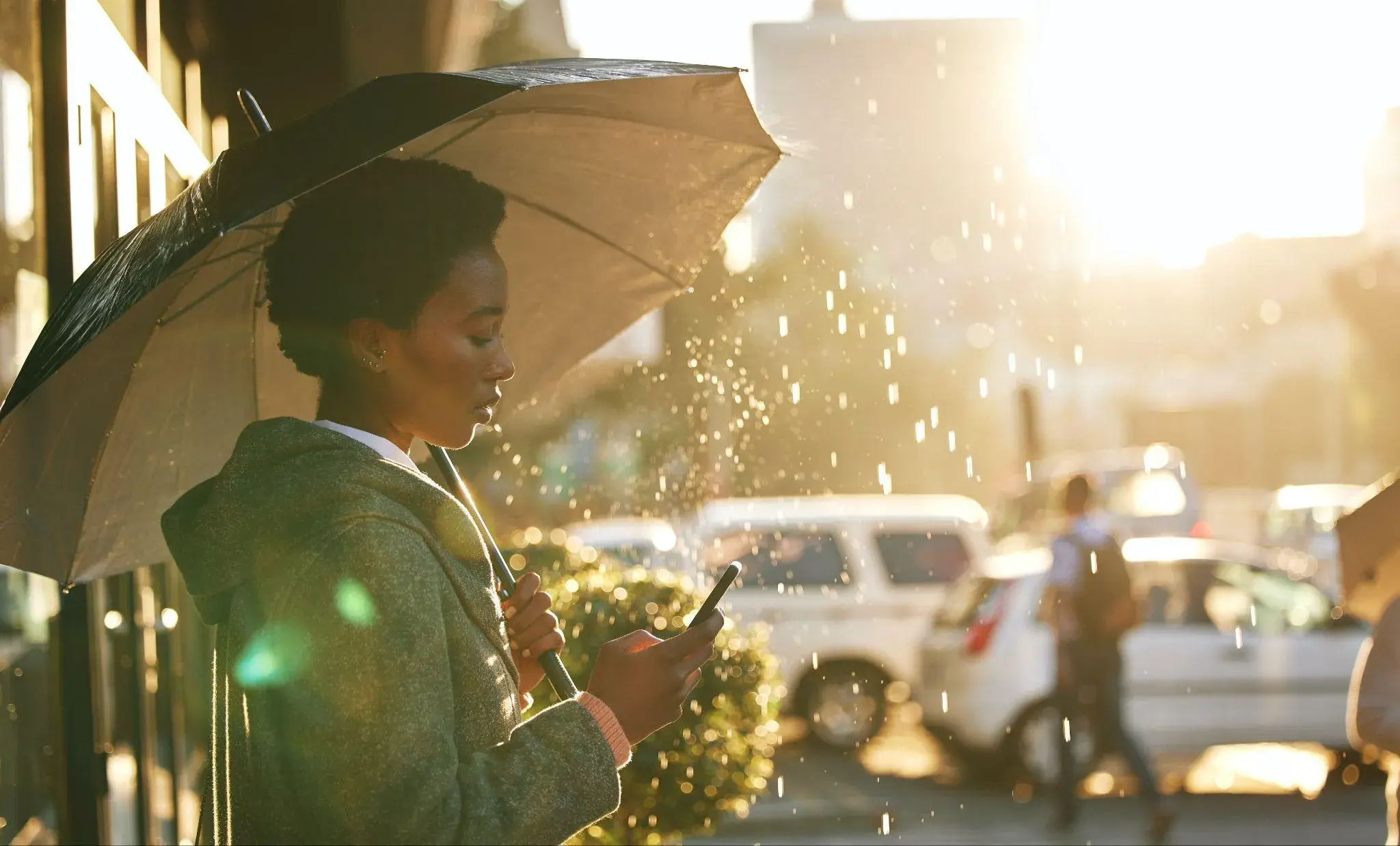 Person checking a phone under an umbrella on a sunny, rainy street